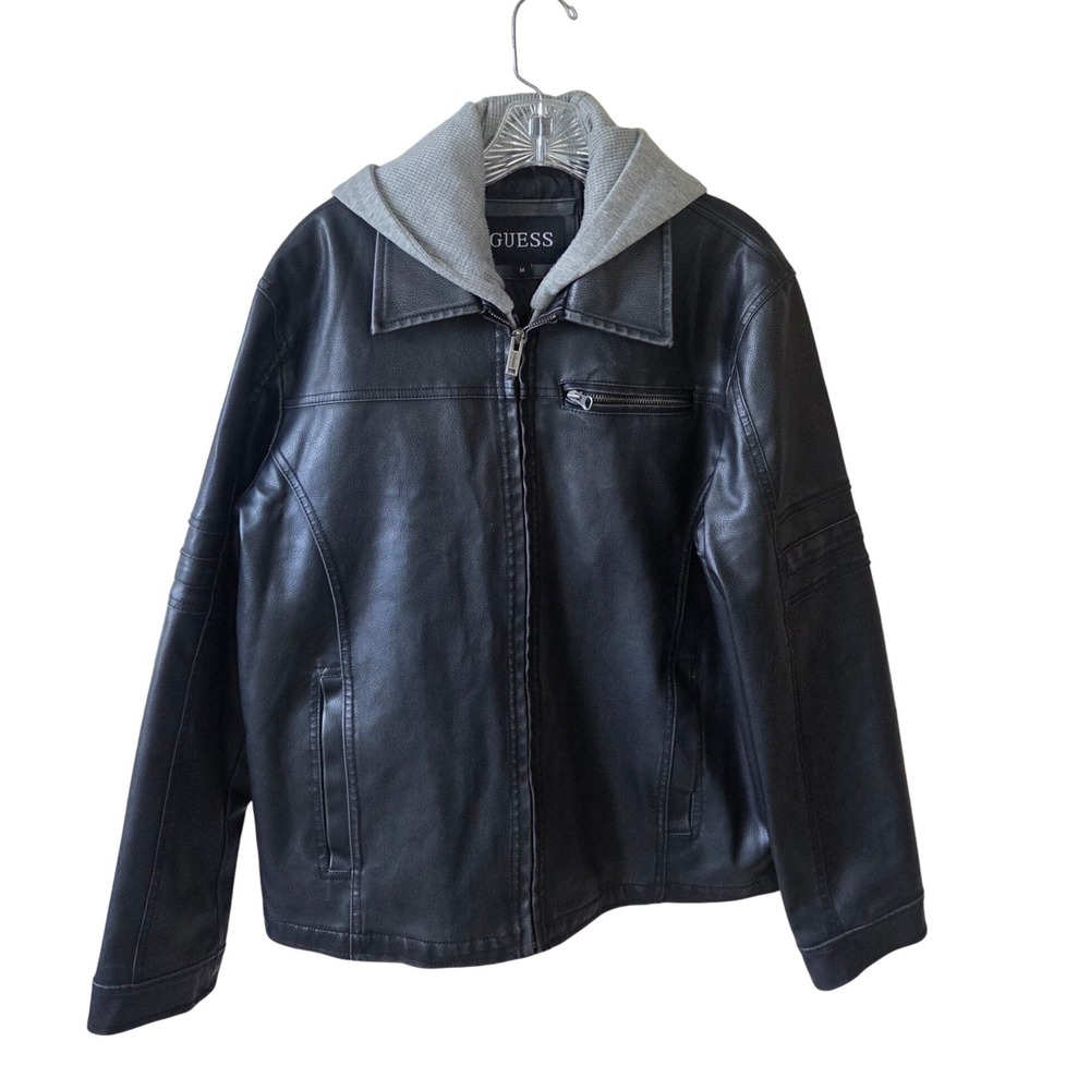 GUESS Mens Faux Leather Hooded Moto Jacket Black Biker Coat Full Zip Layered M
